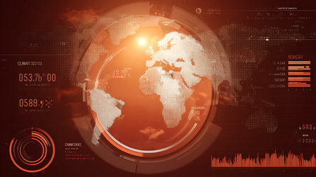 Digital composite of Digital composite image of globe against orange background with graphsの写真素材