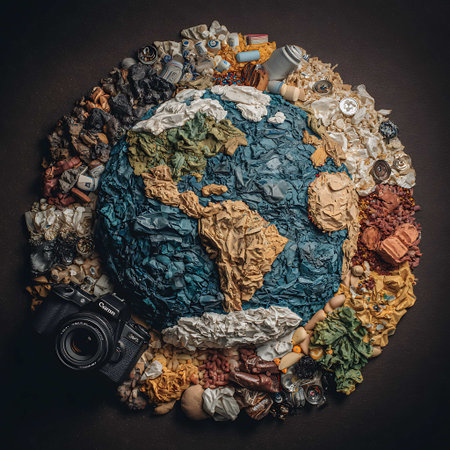 Photo of a globe made of crumpled paper and a cameraの写真素材
