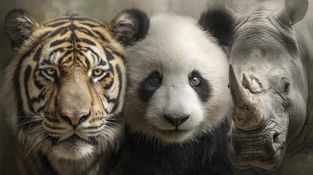 Close up of a panda and a tiger in a zoo.の写真素材