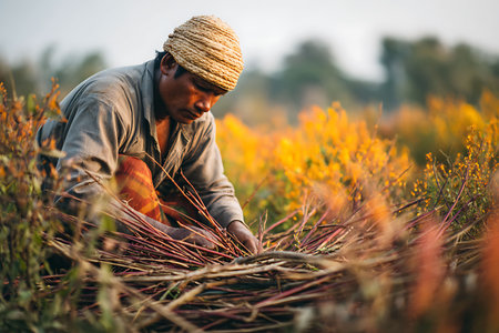 Farmer working on the field of yellow flowers at sunset in Indiaの写真素材