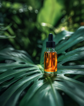 Essential oil in a glass bottle on the background of tropical plantsの写真素材