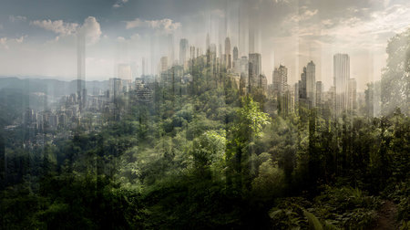 Double exposure of modern cityscape with green forest and skyscrapersの写真素材