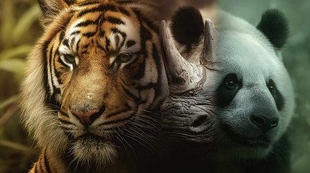 Close up of a panda bear and tiger cub in the zooの写真素材