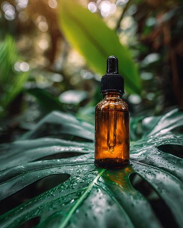 Essential oil in a glass bottle on the background of green leaves.の写真素材
