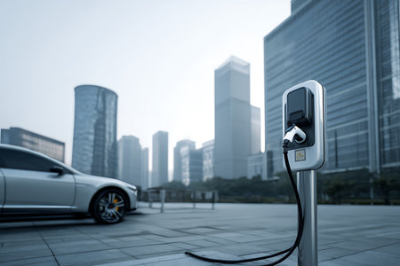 Charging an electric car in Shanghai, China. 3D rendering.の写真素材