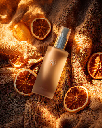 Mockup bottle of skin care serum or lotion with citrus fruits on sackcloth background. Beauty and skin care conceptの写真素材