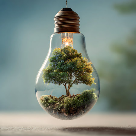 Tree growing inside of a light bulb on blurred background. Ecology concept.の写真素材