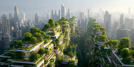 Aerial view of skyscrapers and green trees in Shanghai, Chinaの写真素材