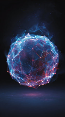 3d rendering of abstract sphere with particles and lines on dark backgroundの写真素材