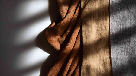 Texture, background, pattern. The fabric is brown, with a strip of light and shadows.の写真素材