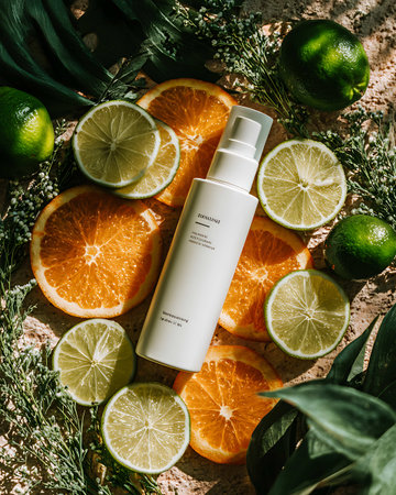 beauty treatment and organic cosmetic lotion cream serum oil mockup bottle packaging on citrus fruit background, healthcare and medicine conceptの写真素材