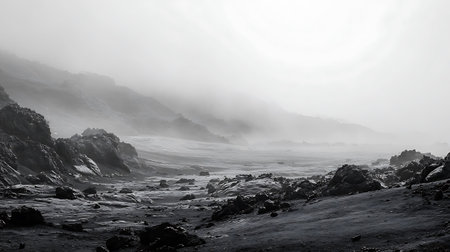 Foggy Landscape of Iceland in Black and White Sepia Toneの写真素材