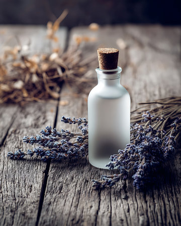 Lavender essential oil in a glass bottle on a wooden background.の写真素材