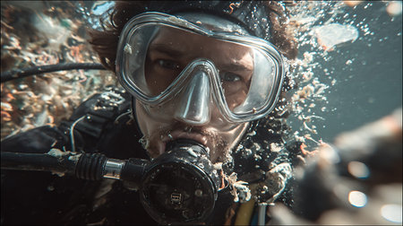 Close-up portrait of a diver with a mask and snorkelの写真素材