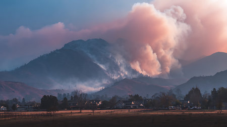 Sunset in the mountains. Landscape with mountains, clouds and fog.の写真素材