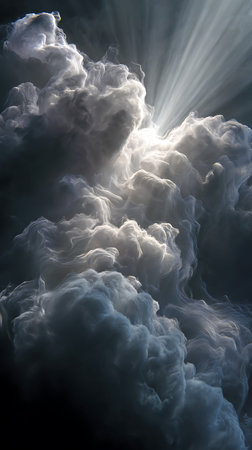Clouds in the sky with sunbeams and rays of lightの写真素材