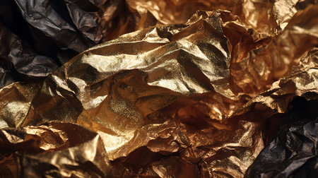 golden crumpled paper as background, closeup of photoの写真素材