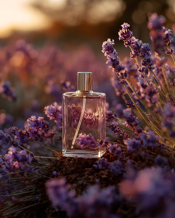 Perfume bottle with lavender flowers in the field at sunsetの写真素材