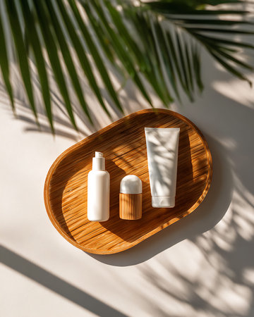 Set of white cosmetic bottles on a wooden tray on the background of palm leaves.の写真素材