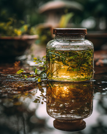 Herbal tea in a glass jar on the surface of the waterの写真素材