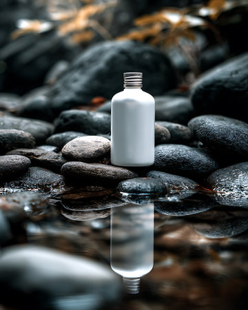 Cosmetic bottle on pebble background. Spa and healthcare concept.の写真素材