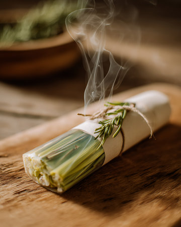 Cigarette with rosemary on a wooden board, close upの写真素材