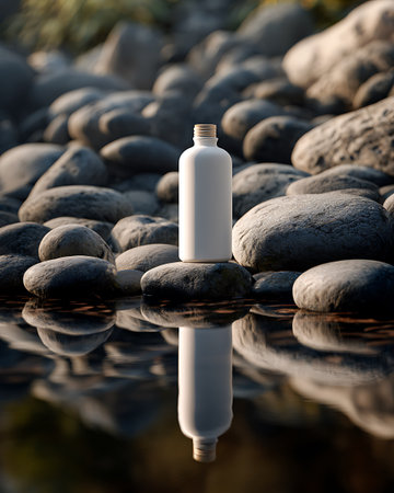 White cosmetic bottle on a black stone background with reflection in the waterの写真素材
