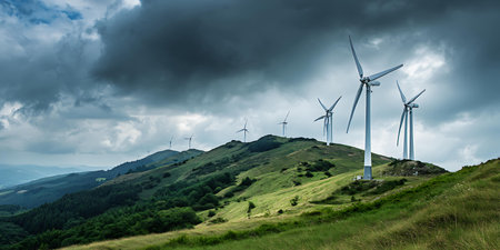 Wind turbines on the green hills of the Carpathian mountains.の写真素材