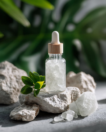 Aromatherapy essential oil in a glass bottle with green leaves and stonesの写真素材