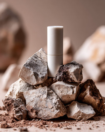 close up of a white cosmetic product on a pile of stones on a brown backgroundの写真素材