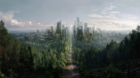 Aerial view of a city in the middle of the forest.の写真素材