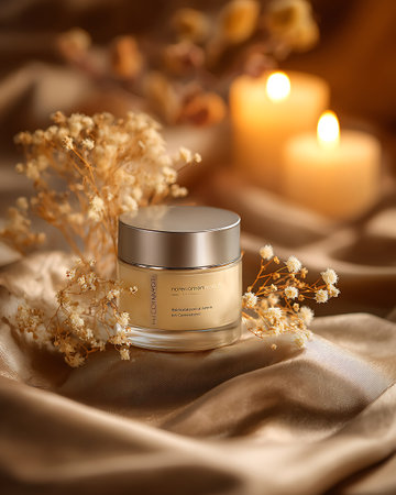 Cosmetic cream in a jar with dry flowers on a golden satin backgroundの写真素材