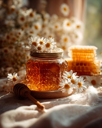 Honey in a glass jar with chamomile flowers. Selective focus.の写真素材
