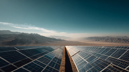 solar energy panels in the desert with mountains in the background.の写真素材