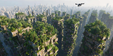 Aerial view of a futuristic city with flying drone. 3d renderingの写真素材