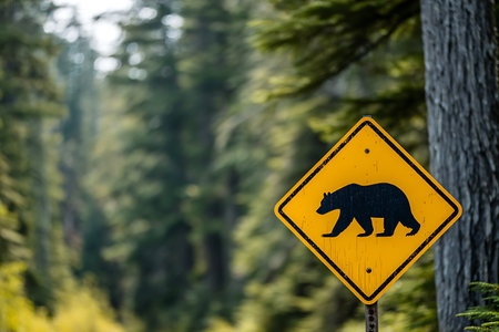 A bear warning sign in the Sequoia National Park, California.の写真素材