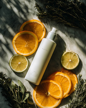 organic cosmetic lotion bottle with citrus fruitle background, healthcare and beauty conceptの写真素材