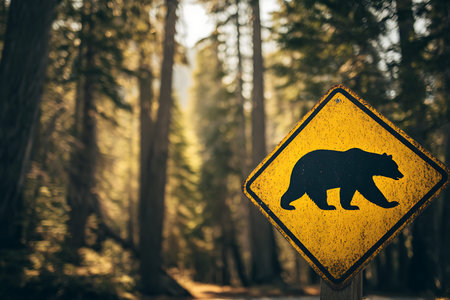 Bear warning sign in Yosemite National Park, California, United States.の写真素材