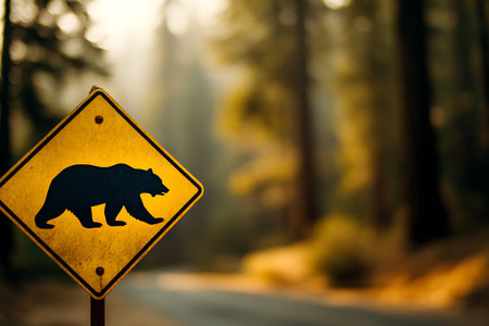 A bear warning sign on a road in a forest in California.の写真素材