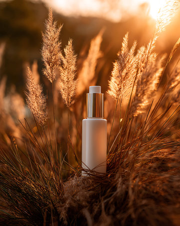 Cosmetic branding, packaging and make-up concept - Skin care serum bottle on sunset background, moisturizing lotion cream and lifting emulsion,の写真素材