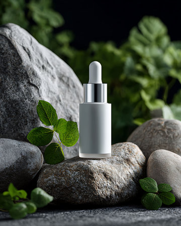 Cosmetic bottle with pipette and mint leaves on stone background.の写真素材