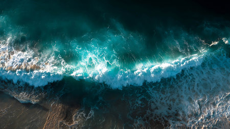 Aerial view of ocean waves breaking on sandy beach. Top viewの写真素材