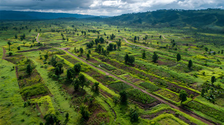 Aerial view of a green field in the countryside of Bali, Indonesiaの写真素材