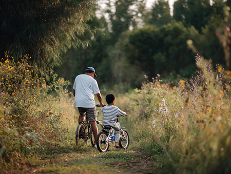Back view of father and son cycling together in the park at sunsetの写真素材