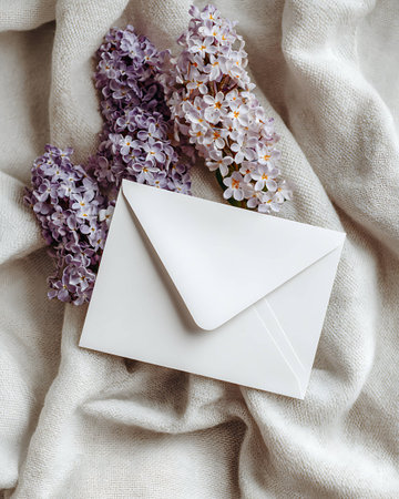 Envelope with lilac flowers on a white knitted backgroundの写真素材