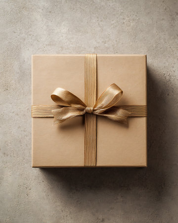 Gift box with golden ribbon on concrete background. Top view.の写真素材