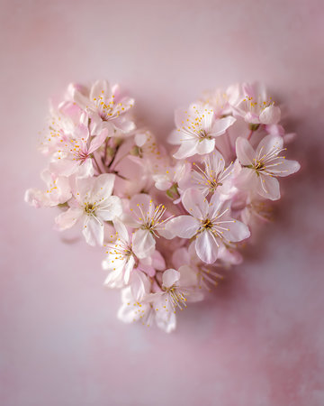Beautiful cherry blossoms in the shape of a heart on a pink backgroundの写真素材