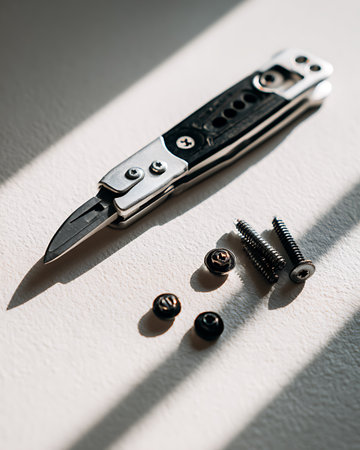 Knife and black screws on a white background. Selective focus.の写真素材