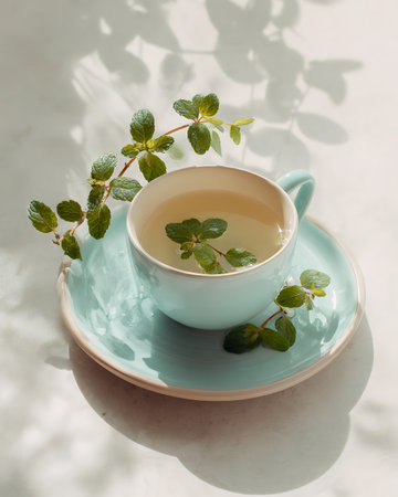 Cup of mint tea with fresh mint leaves on white background.の写真素材