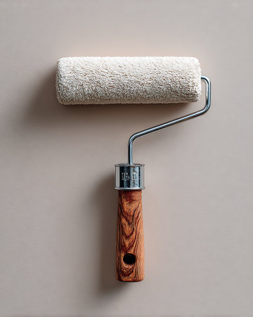Paint roller with a wooden handle on a beige background.の写真素材